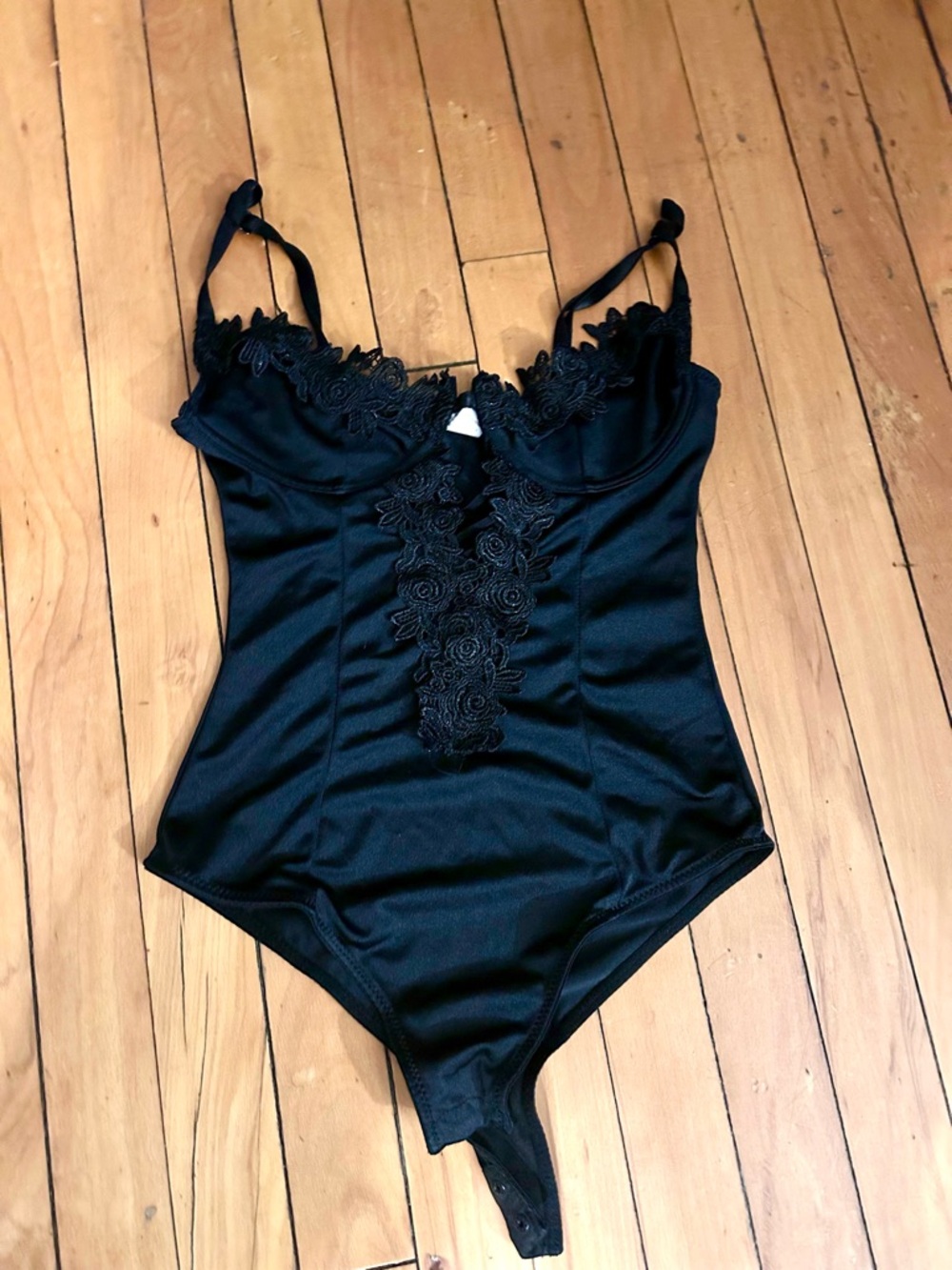 Black Lace Appliqué Satin Bodysuit
